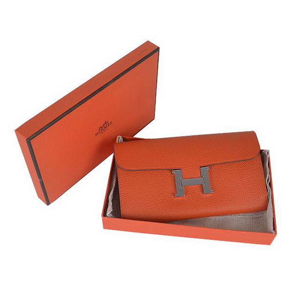 Cheap Fake Hermes Constance Long Wallets Orange Calfskin Leather Silver